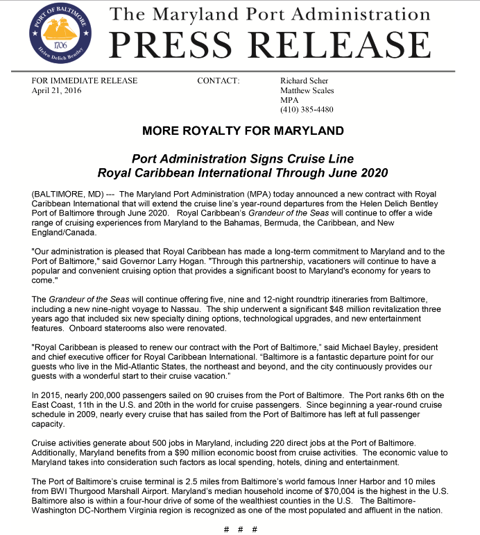 Poert Administration Signs Cruise Line Royal Caribbean International Through June 2020